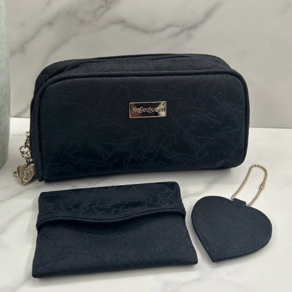 YVES Saint Laurent Black Makeup Bag Set with Mirror and small pouch